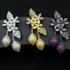 Studded Flower Leaf Gold Black Silver Anti Tarnish Dangler Earring For Women