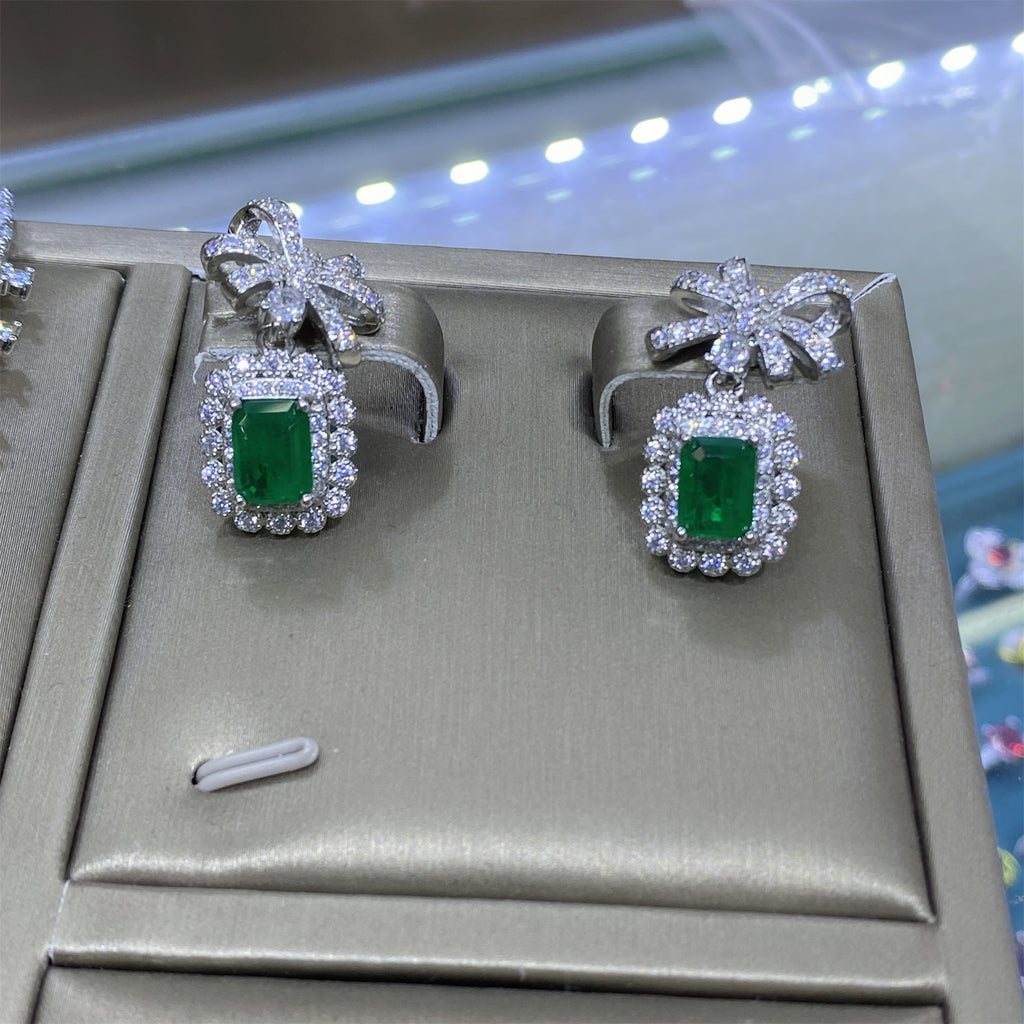 Bow Design Emerald Cut Green CZ Silver Copper Necklace Combo Set Bulk