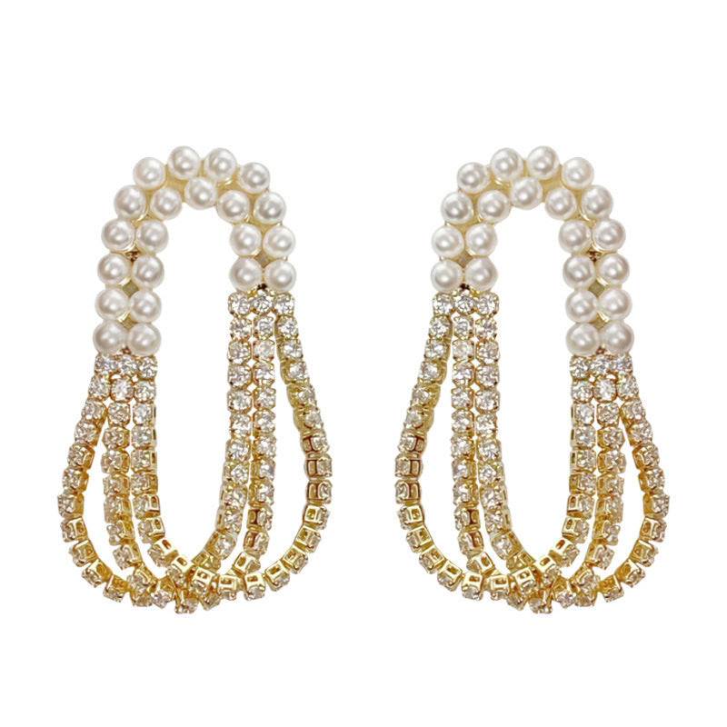 Rhinestone Pearl Layer Gold Anti Tarnish Dangler Tassel Earring Bulk