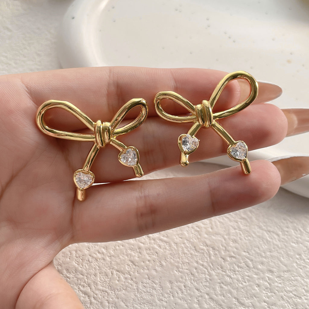 Bow Heart 18K Gold Silver CZ Anti Tarnish Stud Earring Bulk