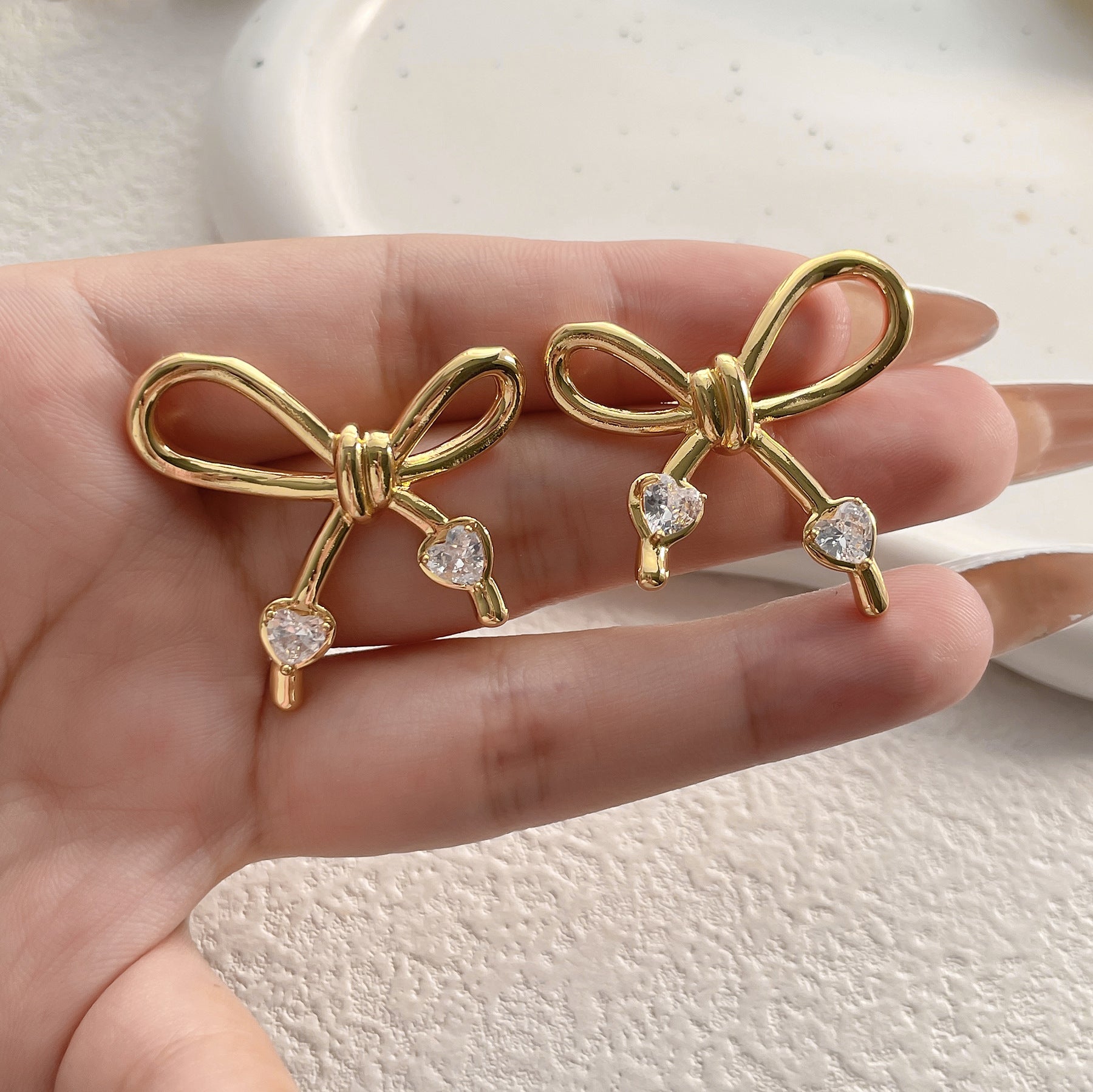Bow Heart 18K Gold Silver CZ Anti Tarnish Stud Earring Bulk
