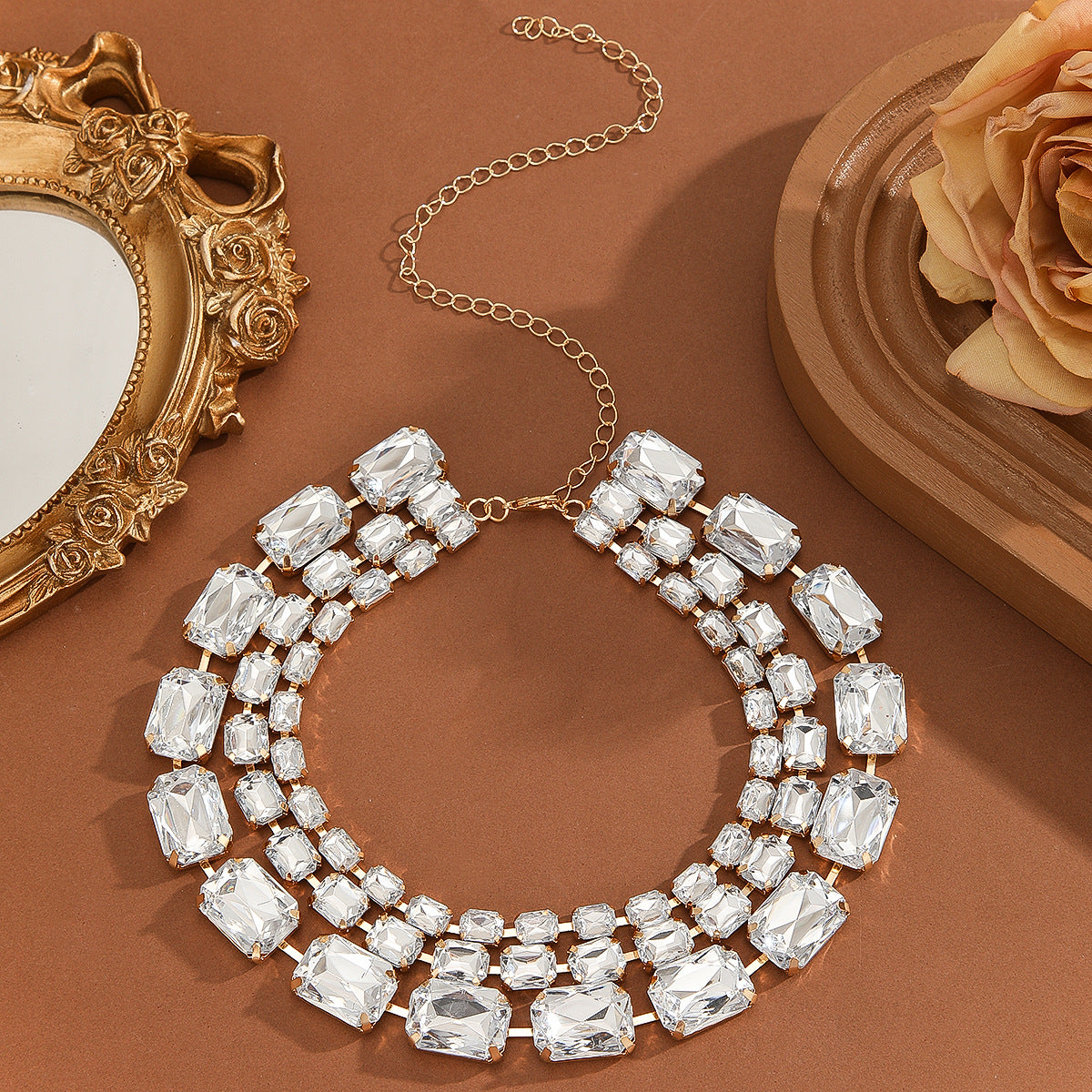 Cushion Cut Solitaire Layer Silver Gold Anti Tarnish Choker Necklace For Women