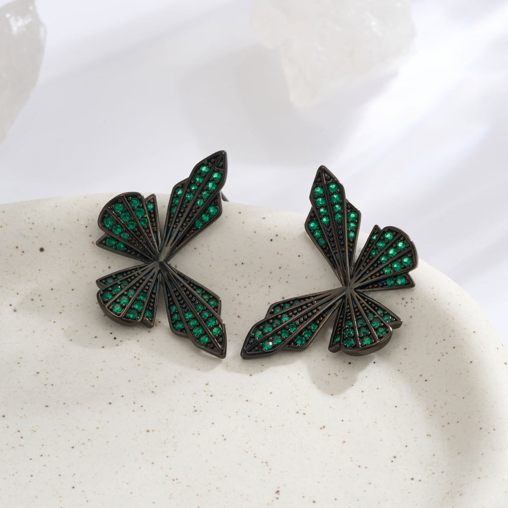 Modern Geometric Butterfly Wings Black Green CZ Copper Stud Earrings Bulk