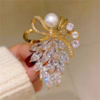 White Elegant Leaf Cluster Style Gold CZ Pearl Copper Brooch Wholesale