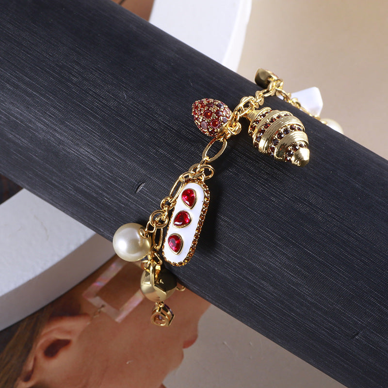 Strawberry Cake Bread Inlaid Pearl Cubic Zirconia Anti Tarnish Charm Chain Bracelet For Women