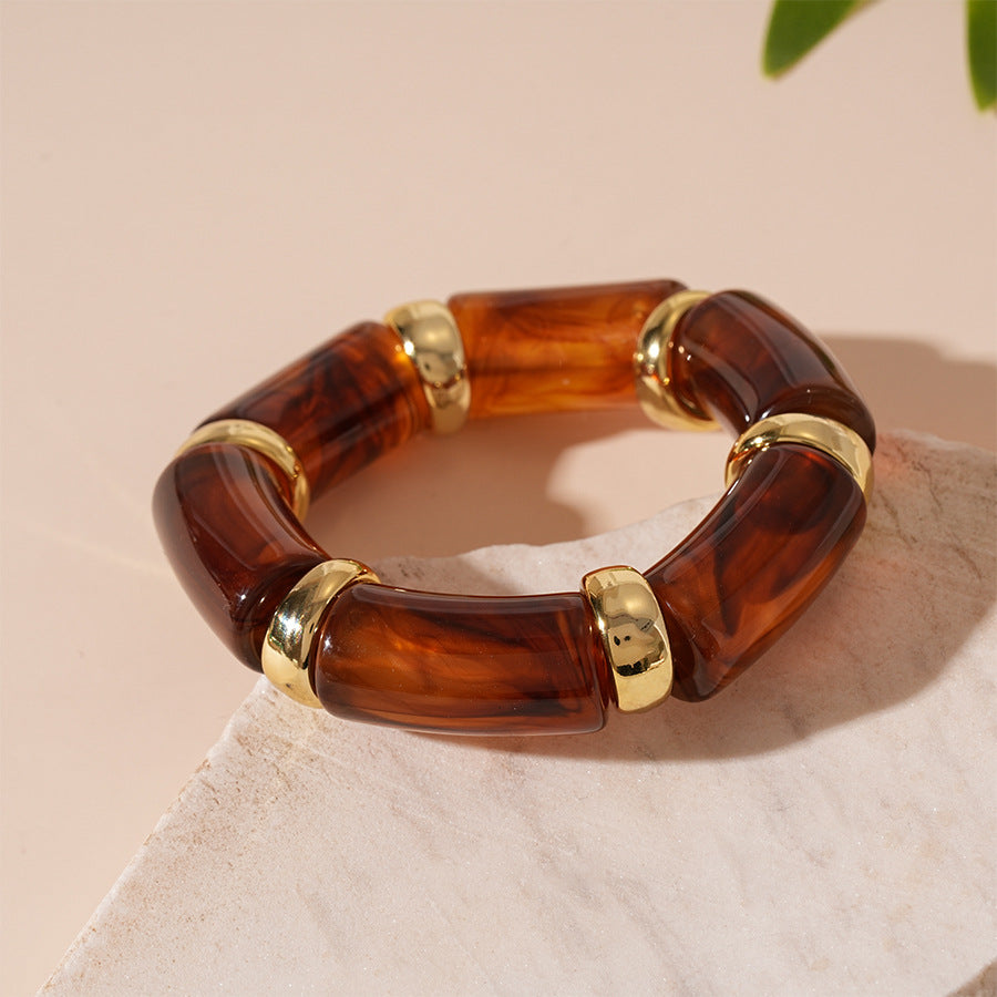 Acrylic Bamboo 18K Gold Blue Beads Stackable Adjustable Bracelet Bulk