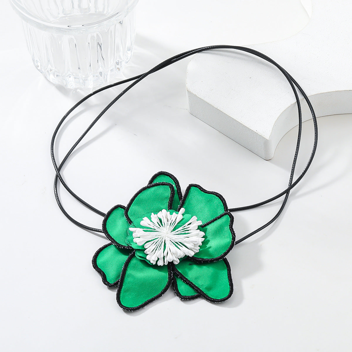 Flower Colorful Pink Green White With Black Boarder Cloth Necklace For Women