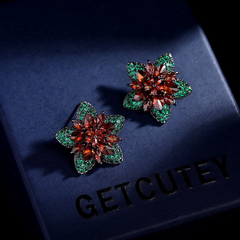 Floral Star Flower Black Green Pink Cubic Zirconia Crystal Anti Tarnish Stud Earring For Women