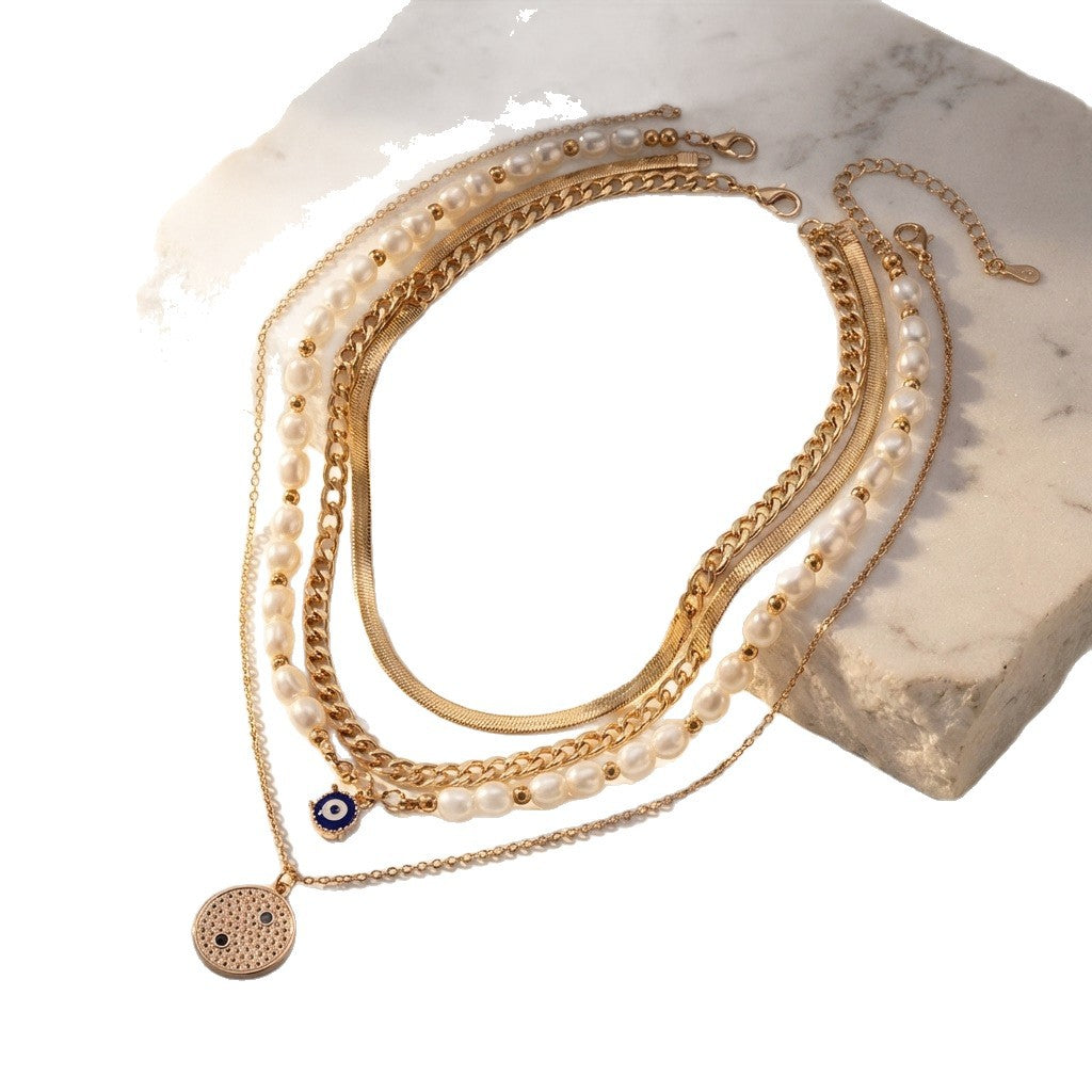 Gold Evil Eye Layered Pearl Alloy Necklace For Women Bulk