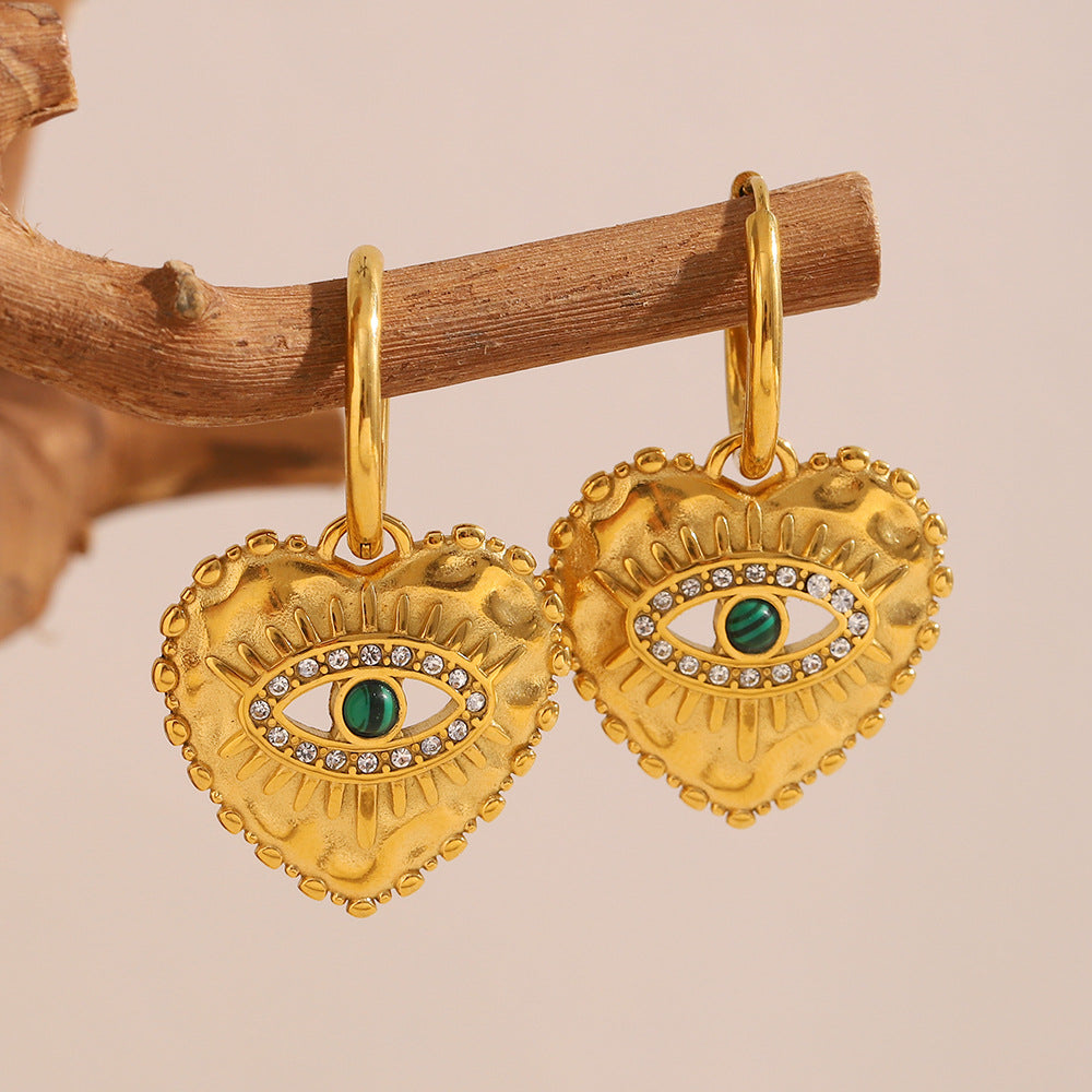 Heart Evil Eye 18K Gold CZ Stainless Steel Hoop Dangler Earring Bulk Main image