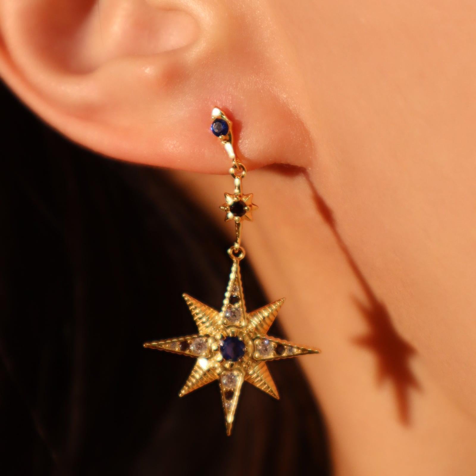 Star Moon 18K Gold CZ Anti Tarnish Dangler Hoop Earring Bulk