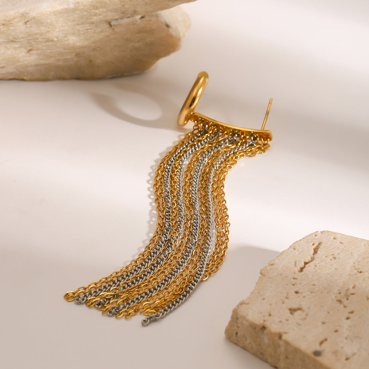 Two Tone Multi Layer Chain 18K Gold Silver Anti Tarnish Stainless Steel Dangler Tassel Single Right Side Earrings For Women Main image