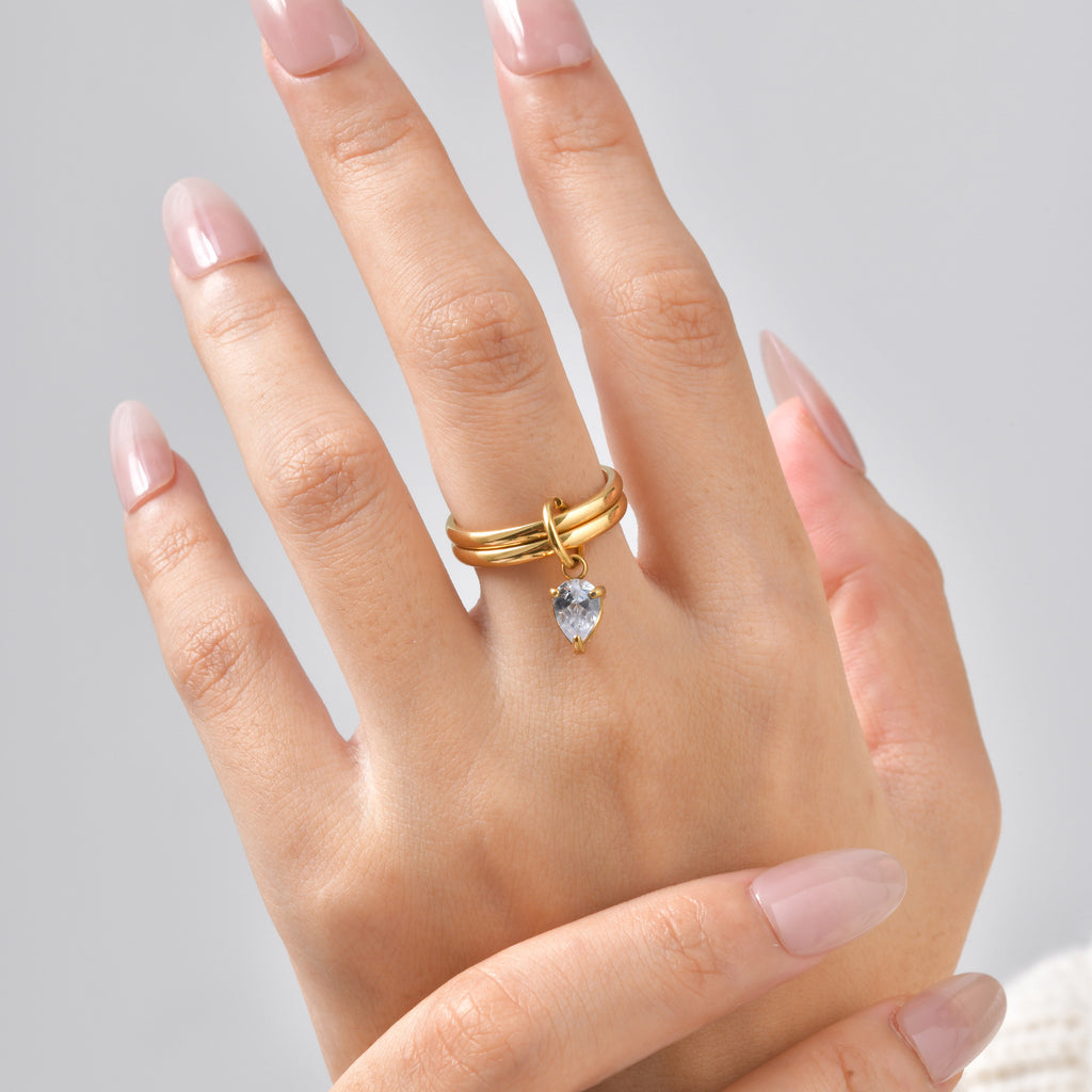 Bulk Double Band Teardrop Shape Gold CZ Stainless Steel Fancy Ring