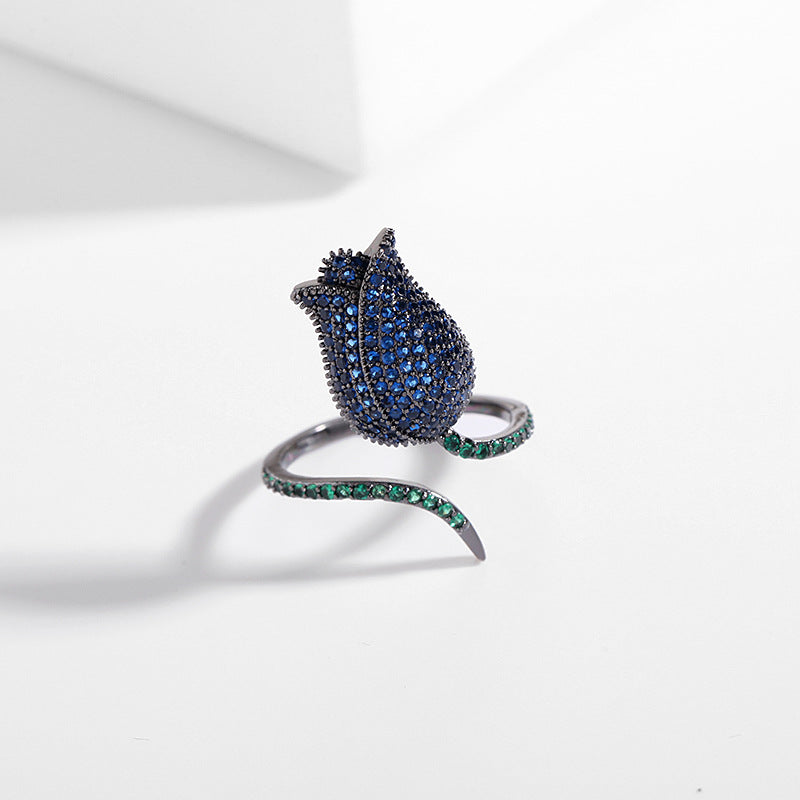 Bulk Blue Purple Green Flower Black CZ Copper Adjustable Fancy Ring