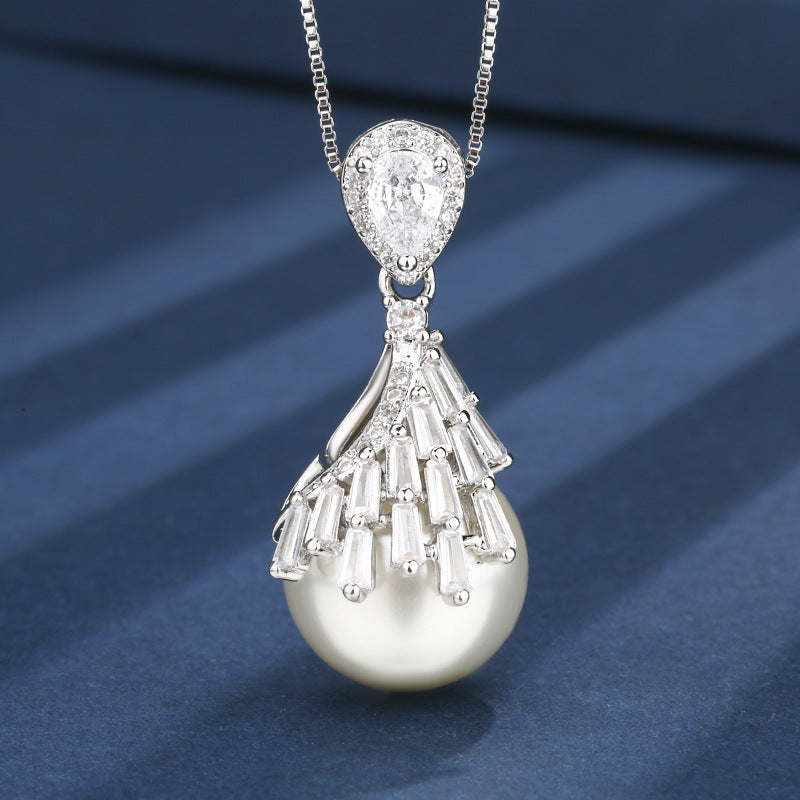 Drop White Silver Pearl Cubic Zirconia Necklace Earring Set Women Bulk