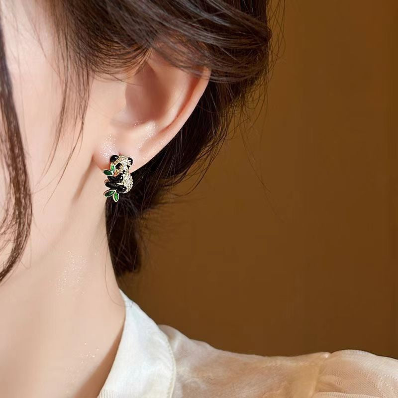 Luxury Gold Plated Panda Bear Green Enamel CZ Crystal Stud Earrings Bulk