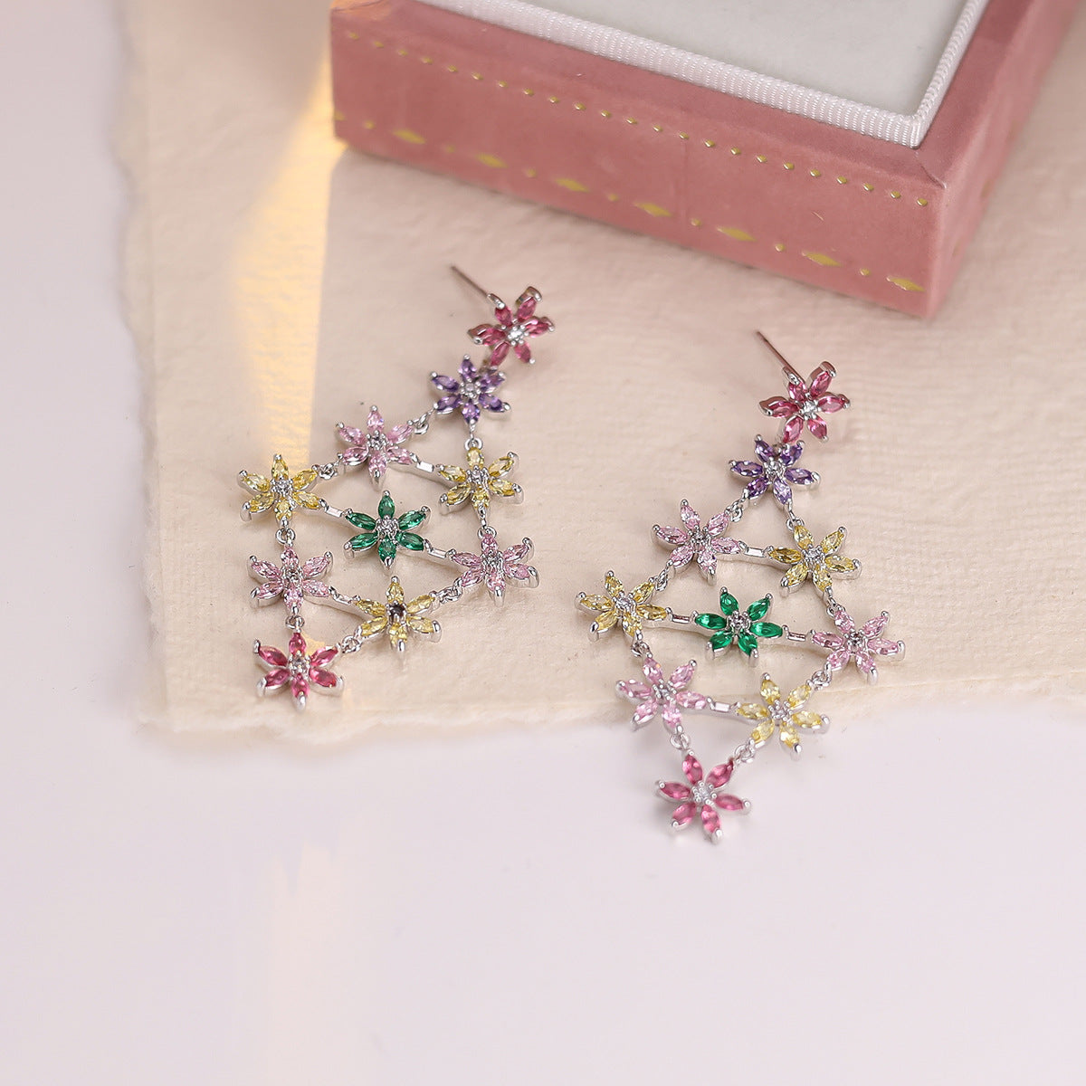 Multi Color Floral Silver CZ Anti Tarnish Copper Dangler Earrings Bulk
