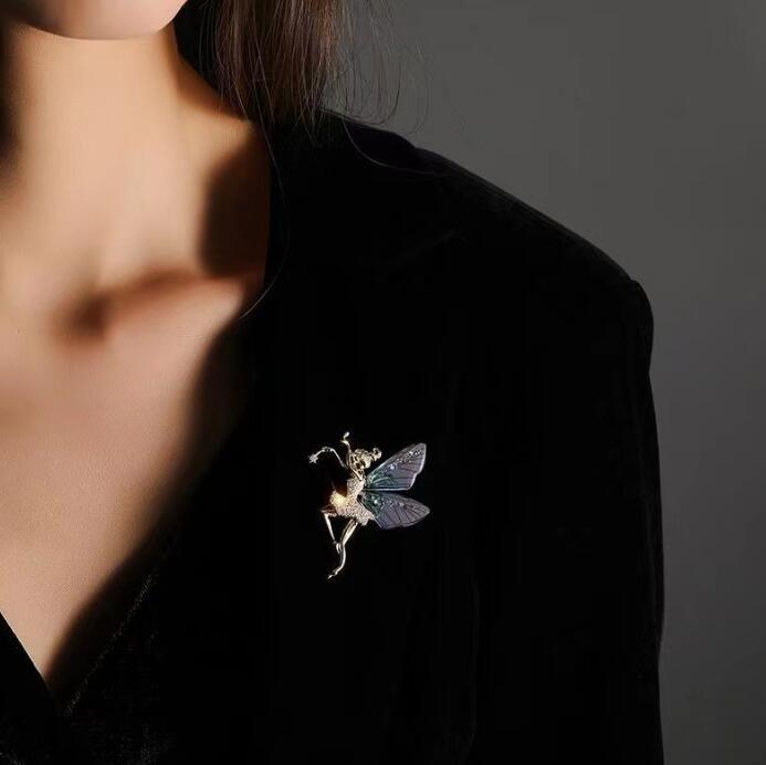 Blue Angel Wings Gold Cubic Zirconia Copper Brooch For Women Bulk