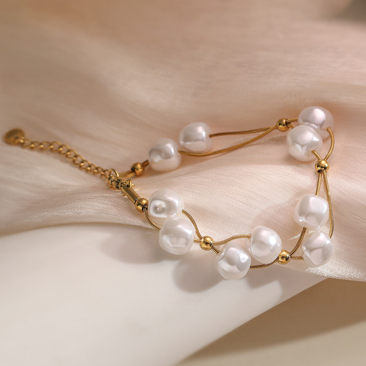 White Pearl 18K Gold Stainless Steel Anti Tarnish Dual Layer Chain Bracelet For Women Main image