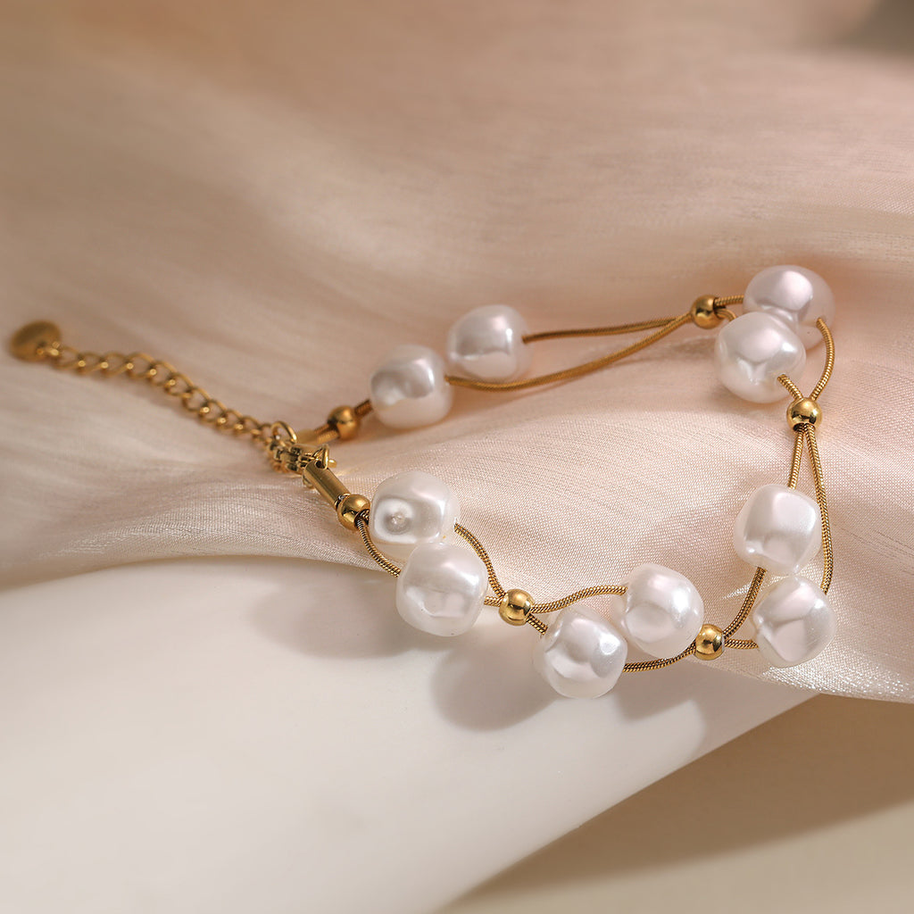 White Pearl 18K Gold Stainless Steel Anti Tarnish Dual Layer Chain Bracelet For Women