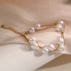 White Pearl 18K Gold Stainless Steel Anti Tarnish Dual Layer Chain Bracelet For Women