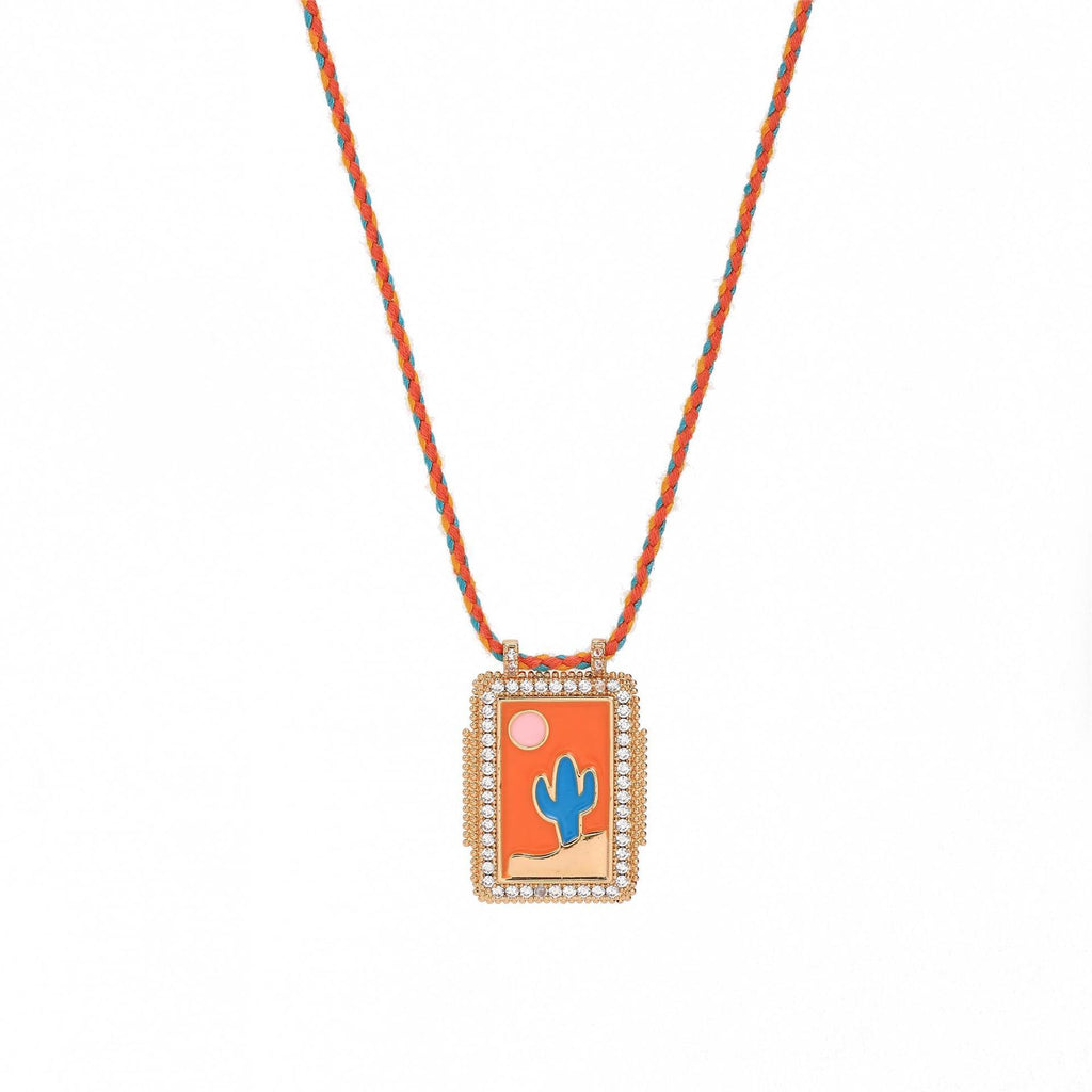 Cactus Tree Cubic Zirconia Enamel 18K Gold Orange Blue Thread Anti Tarnish Necklace Pendant For Women