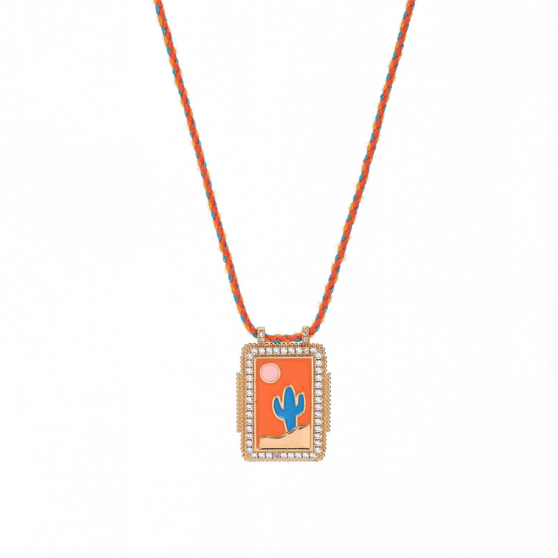 Cactus Tree Cubic Zirconia Enamel 18K Gold Orange Blue Thread Anti Tarnish Necklace Pendant For Women