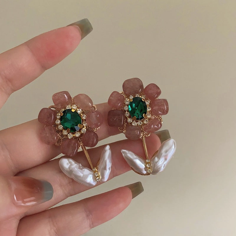 Pink Vintage Floral Gold Pearl Anti Tarnish Copper Drop Earrings Bulk Main image