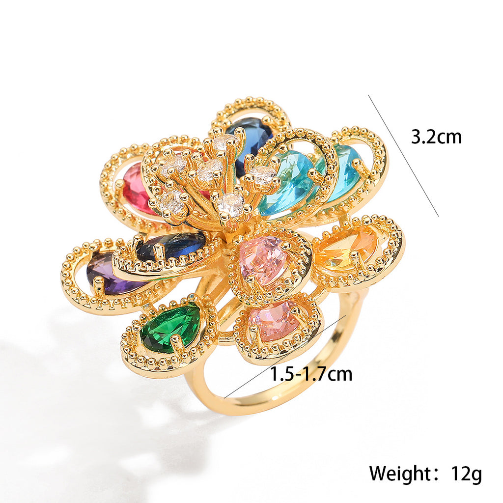 Flower Rainbow Solitaire On Surface Gold CZ Anti Tarnish Ring Bulk