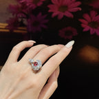 Red Flower Bloom Silver Cubic Zirconia Copper Adjustable Ring Women Bulk