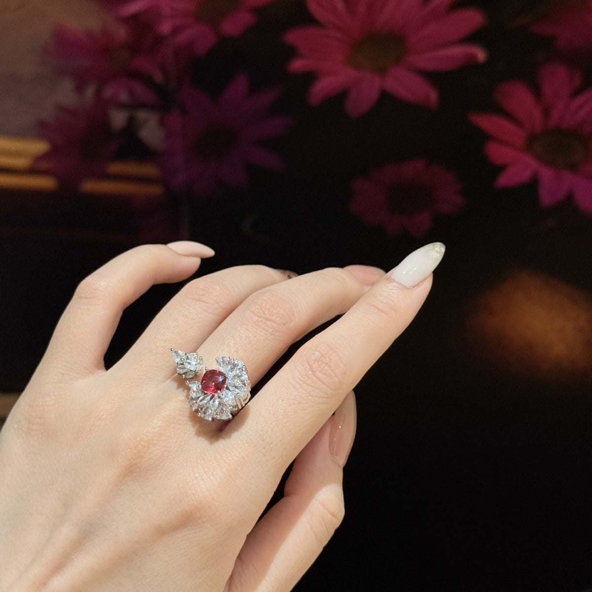Red Flower Bloom Silver Cubic Zirconia Copper Adjustable Ring Women Bulk