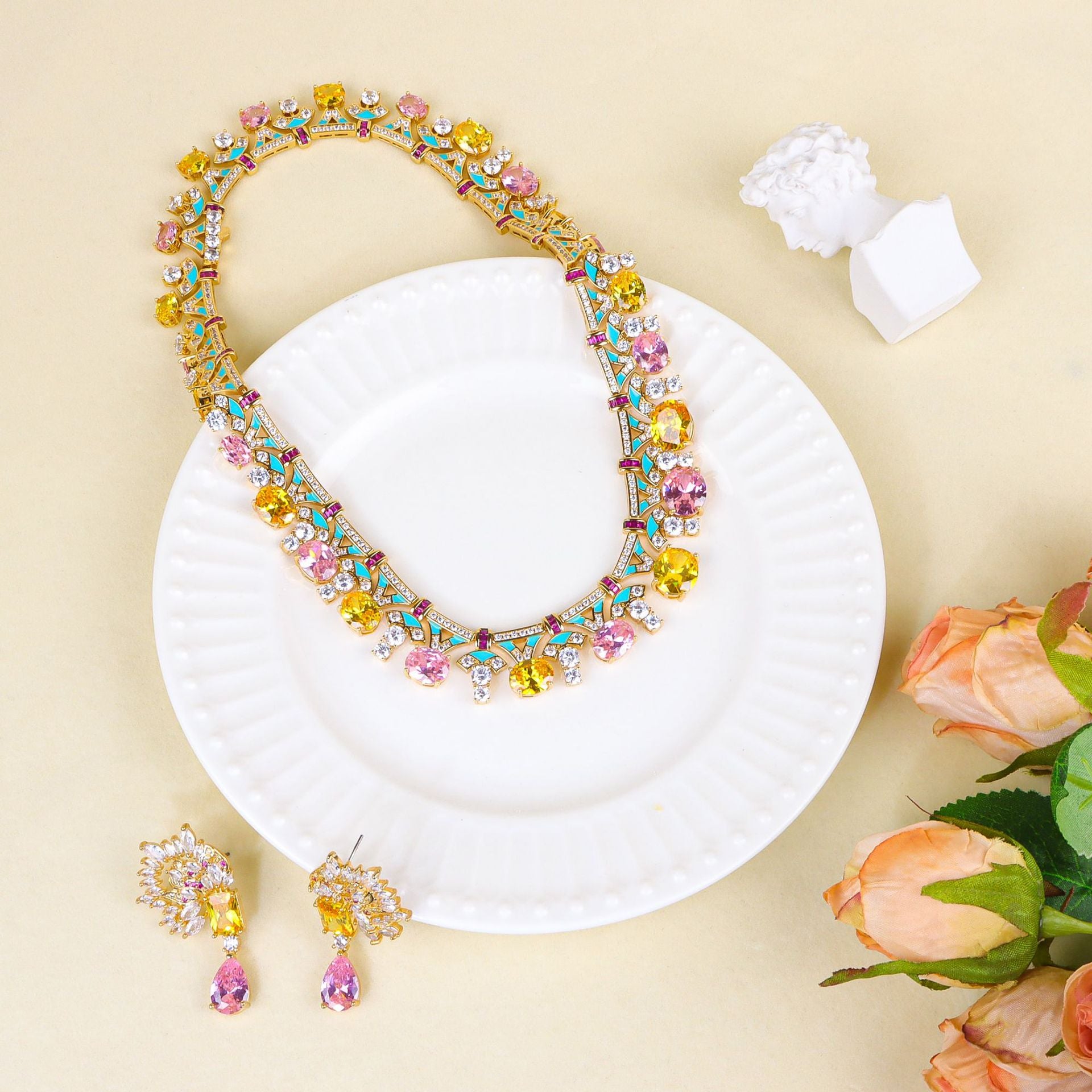 Elegant Gold Tone Pink Yellow White CZ Copper Necklace Earring Set Bulk Secondary image