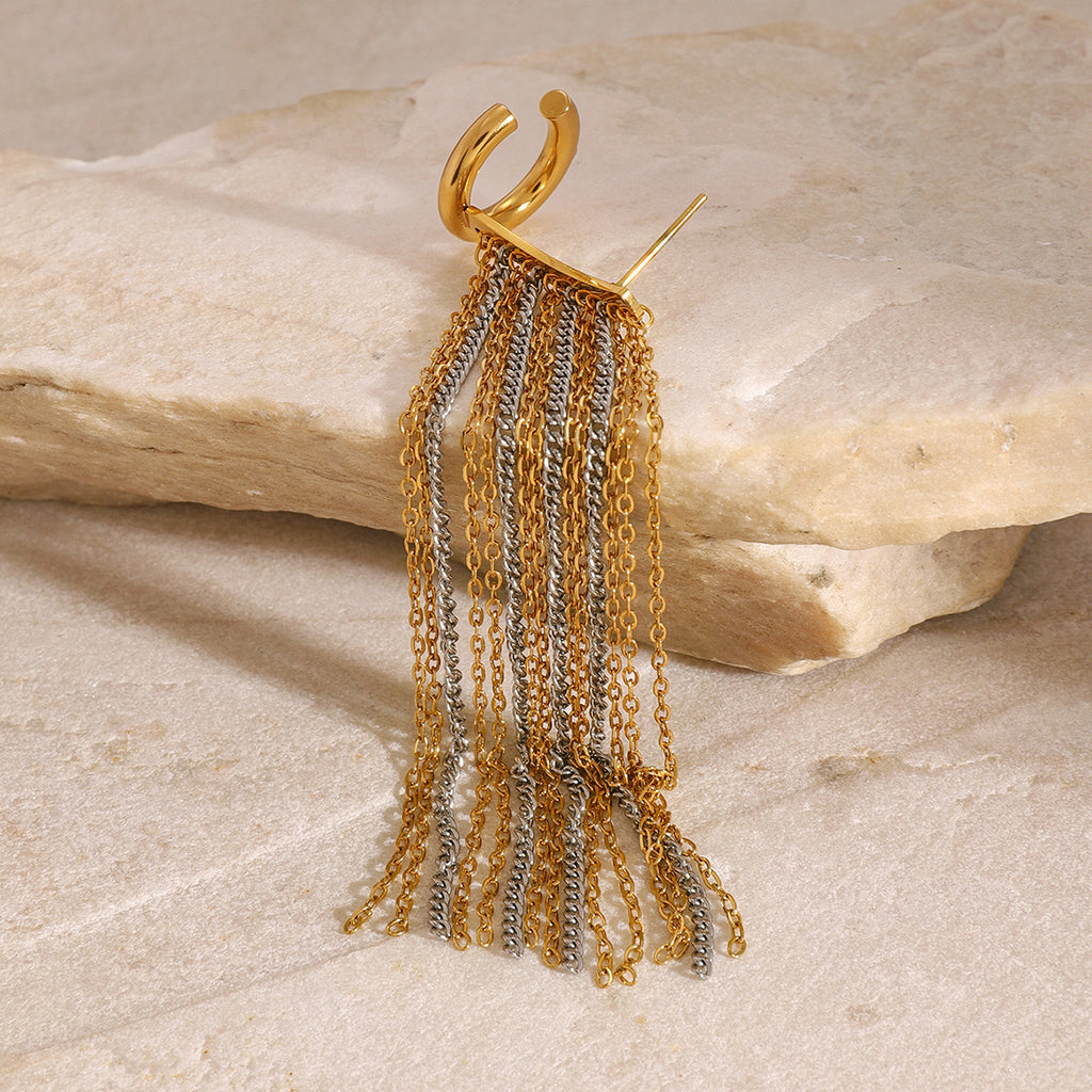 Two Tone Multi Layer Chain 18K Gold Silver Anti Tarnish Stainless Steel Dangler Tassel Single Right Side Earrings For Women