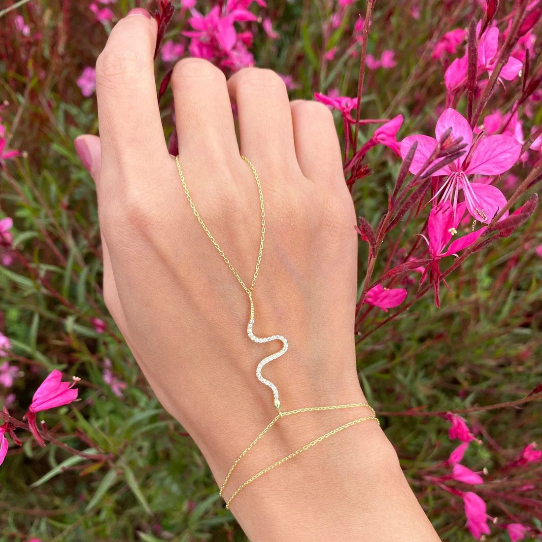 Snake Solitaire18K Gold Link Chain Bracelet Joint Ring For Women Bulk