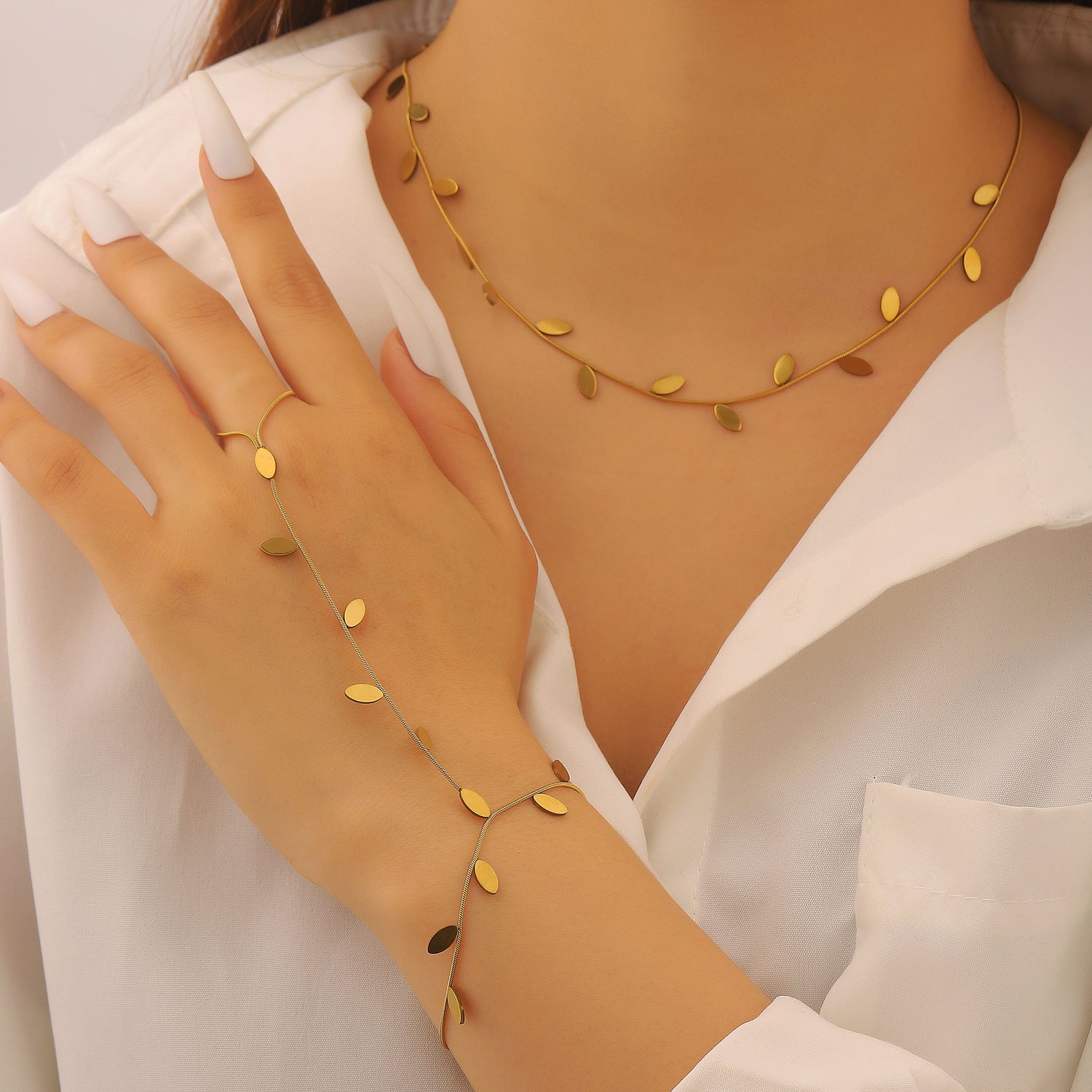 Leaf Charm Hand Chain Ring Gold Stainless Steel Necklace Combo Set Bulk Main image