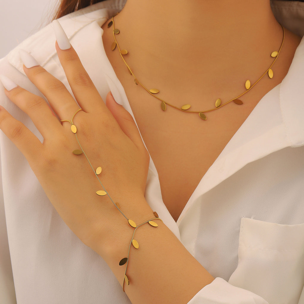 Leaf Charm Hand Chain Ring Gold Stainless Steel Necklace Combo Set Bulk