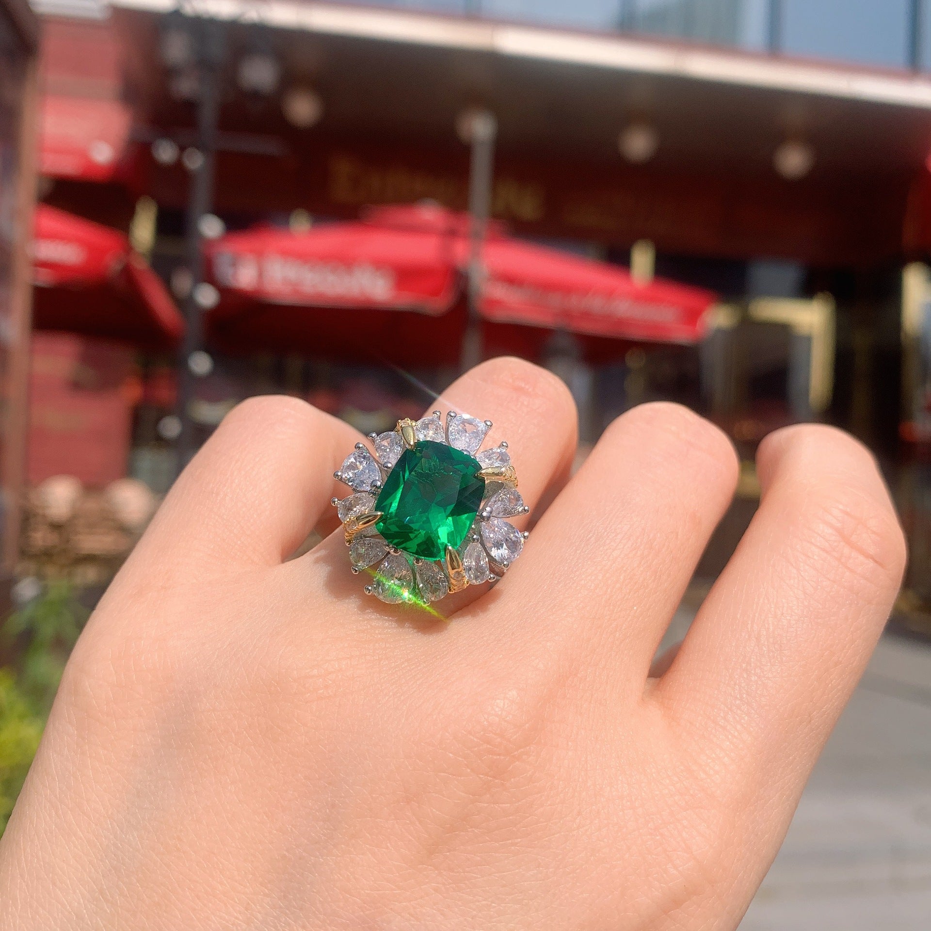 Cushion Drop Green Solitaire Silver Anti Tarnish Free Size Ring Bulk