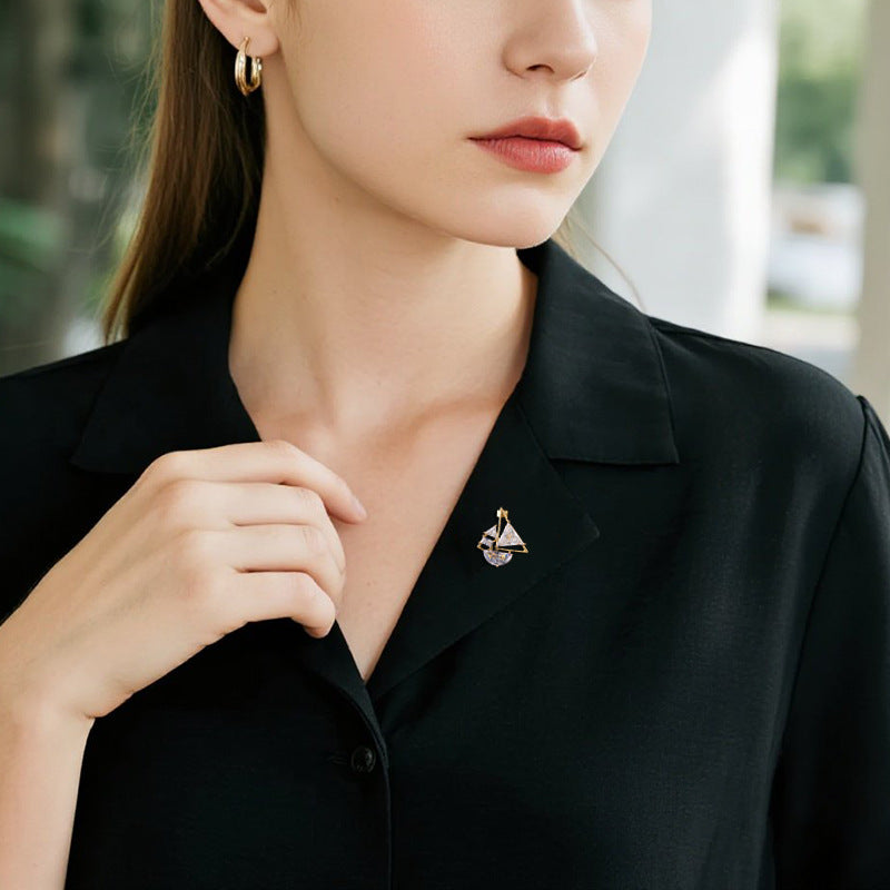 Modern Sailboat Style Gold Silver CZ Copper Anti Tarnish Brooch Bulk