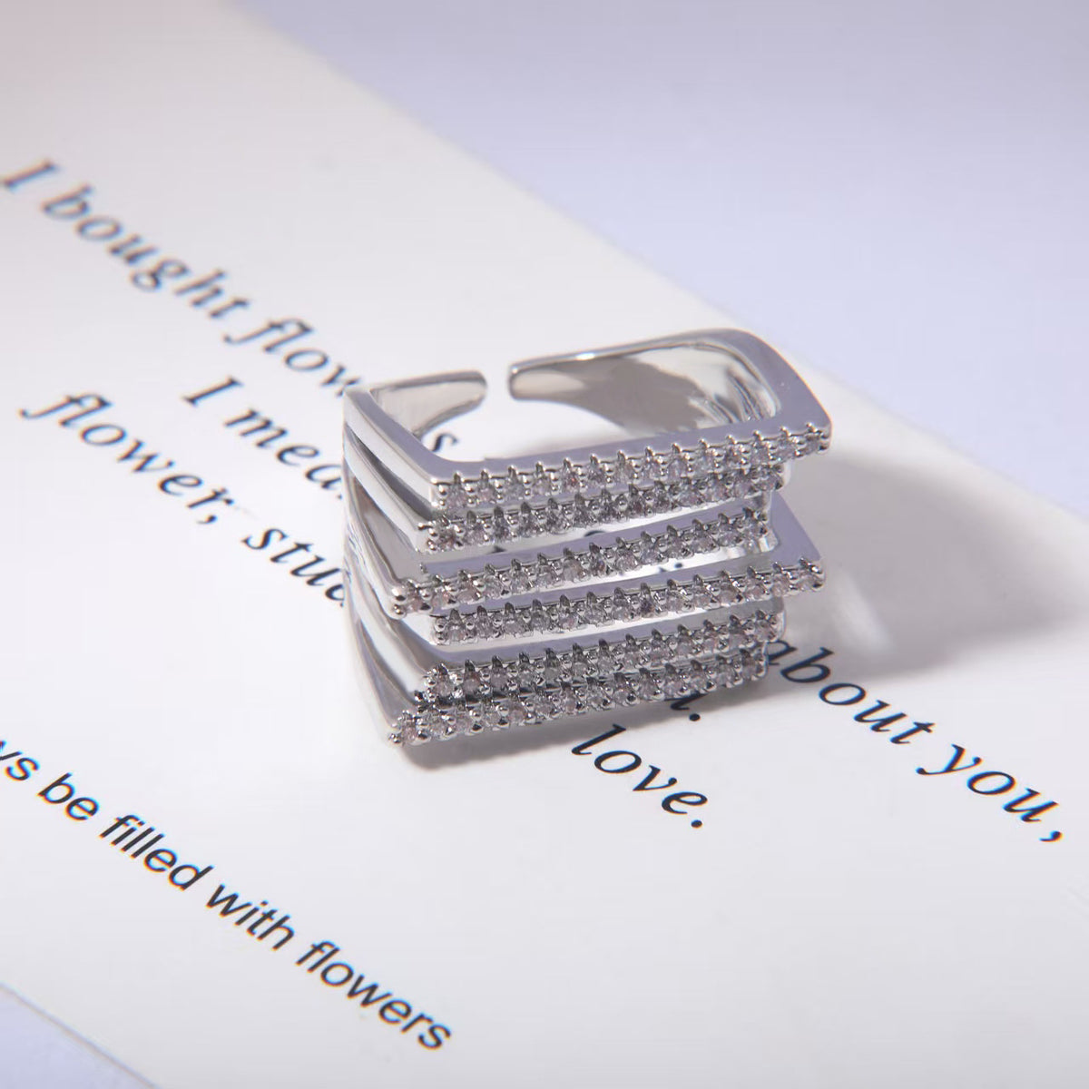 Multi Layer Square Design Gold CZ Copper Anti Tarnish Cocktail Ring Bulk