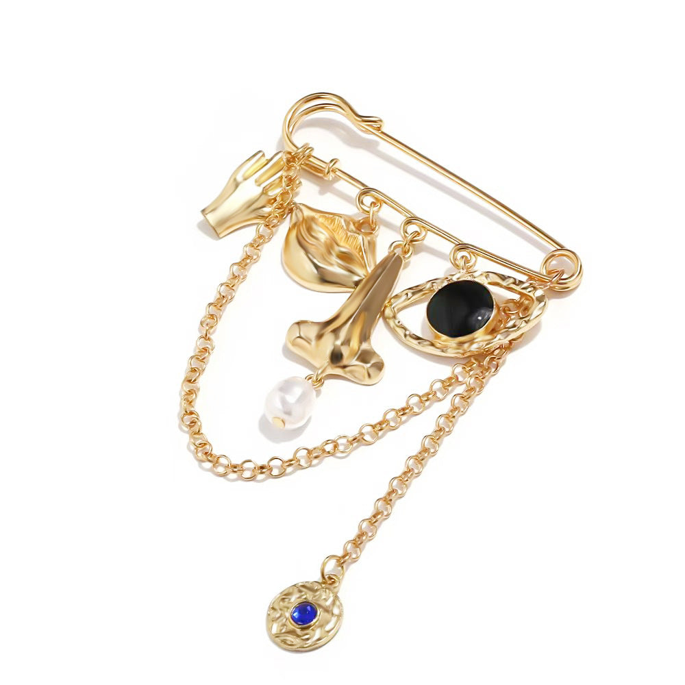 Gold Abstract Face Eye Pearl Enamel Brooch For Women Bulk