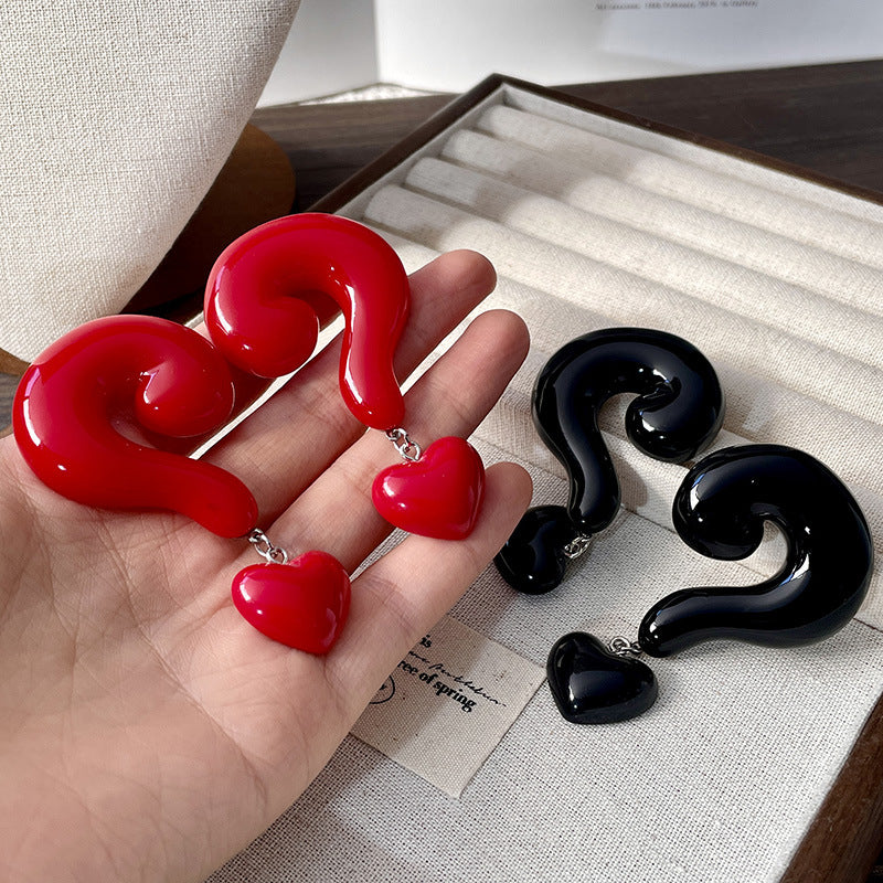 Question Mark Heart Enamel 18K Gold Red Black Anti Tarnish Dangler Drop Earring For Women
