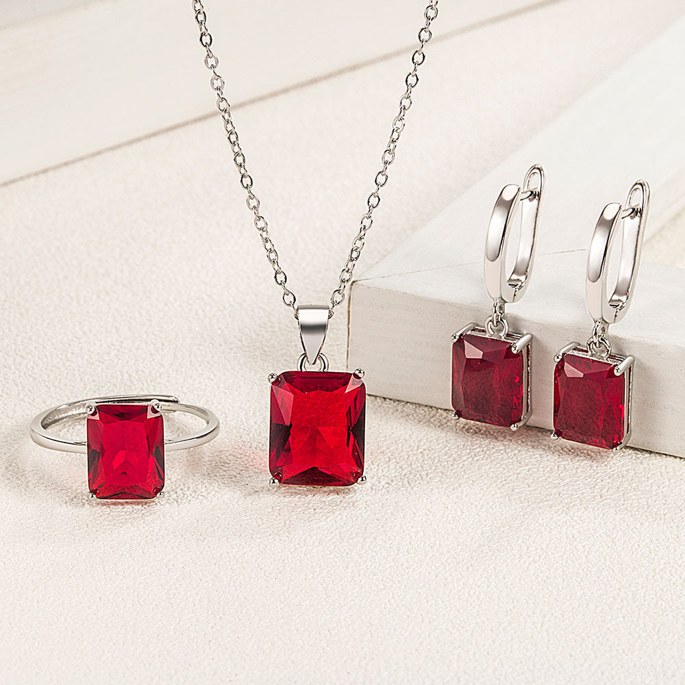Rectangle Solitaire Silver Multi Color Cubic Zirconia Pendant Chain Earring Ring Set For Women Main image