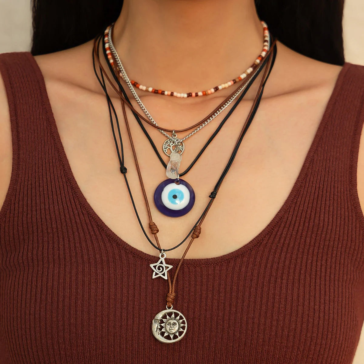 Star Moon Evil Eye Beads Silver Layer Necklace Pendant Chain Bulk Secondary image