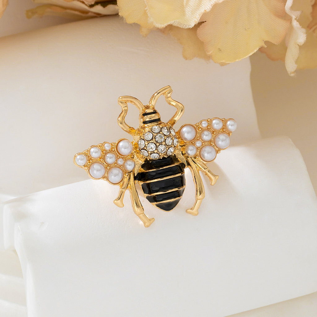 Insect Honeybee Pearl CZ Enamel Black 18K Gold Adjustable Ring Bulk