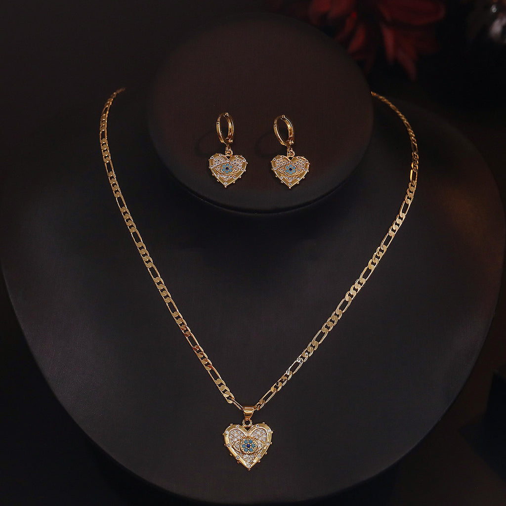 Heart Evil Eye 18K Gold CZ Anti Tarnish Pendant Chain Earring Set Bulk