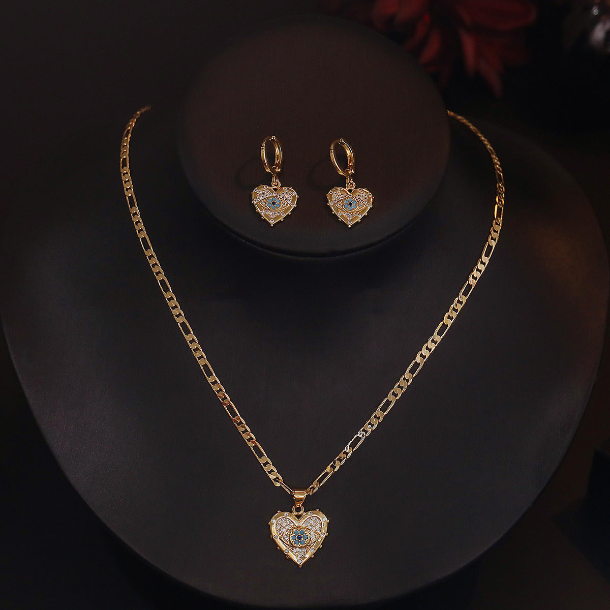 Heart Evil Eye 18K Gold CZ Anti Tarnish Pendant Chain Earring Set Bulk
