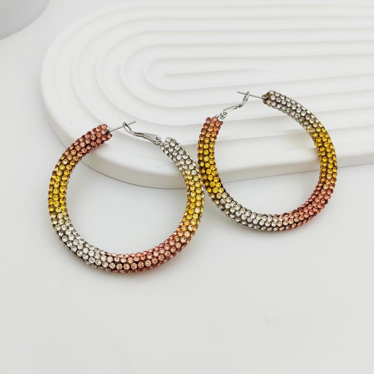 Multi Color High-Shine Gradient Crystal Silver CZ Hoop Earrings Bulk