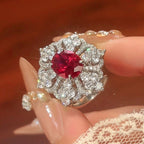 Flower Red Gemstone Silver CZ Necklace Earring Ring Set Bulk