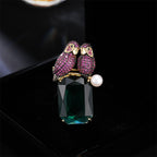 Dual Parrot Pink Green 18K Gold Plated Gemstone Crystals Pearl Anti Tarnish Brooch For Women