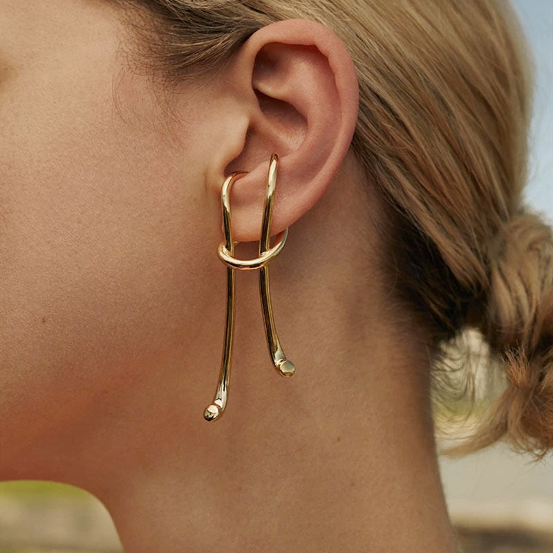 Long Dual Layer 18K Gold Anti Tarnish Ear Clip Dangler Earring Bulk